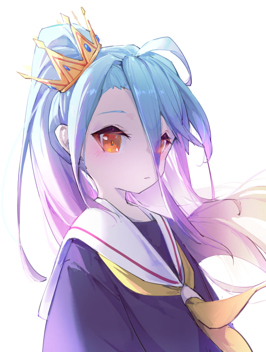 1girl absurdres ahoge blue_hair blush closed_mouth commentary crown dress gradient_hair hair_between_eyes highres jinribbit long_hair looking_at_viewer multicolored_hair no_game_no_life orange_eyes pink_hair ponytail purple_dress sailor_collar shiro_(no_game_no_life) sidelocks simple_background solo upper_body white_background white_sailor_collar
