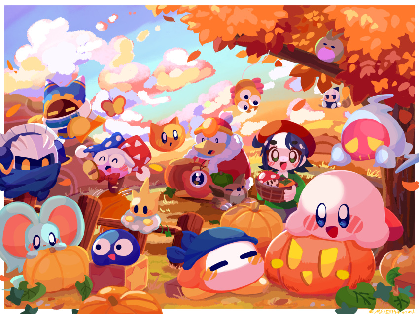 :d :o ^_^ adeleine armor autumn autumn_leaves bandana bandana_waddle_dee basket beret bird black_hair blue_bandana blue_cape blue_eyes blue_headwear blush blush_stickers border bow bowtie broom broom_riding brown_footwear bug butterfly cape cappy_(kirby) claws closed_eyes cloud cloudy_sky commentary_request como_(kirby) elfilin fang fence fur-trimmed_jacket fur_trim gaw_gaw gooey_(kirby) gradient_sky grass green_eyes green_shirt happy hat highres hill holding holding_basket jack-o'-lantern jacket jester_cap keke_(kirby) king_dedede kirby kirby_(series) leaf long_sleeves magolor marx_(kirby) mask meta_knight multicolored_clothes multicolored_headwear omame_sakana one-eyed open_mouth outdoors outside_border parted_bangs pauldrons phanta_(kirby) pitch_(kirby) pom_pom_(clothes) pumpkin red_bow red_bowtie red_headwear red_jacket scarfy shirt shoes short_hair shoulder_armor sky smile star_(symbol) star_block sunset tree waddle_doo white_border white_hair wooden_fence yellow_butterfly zoos_(kirby)