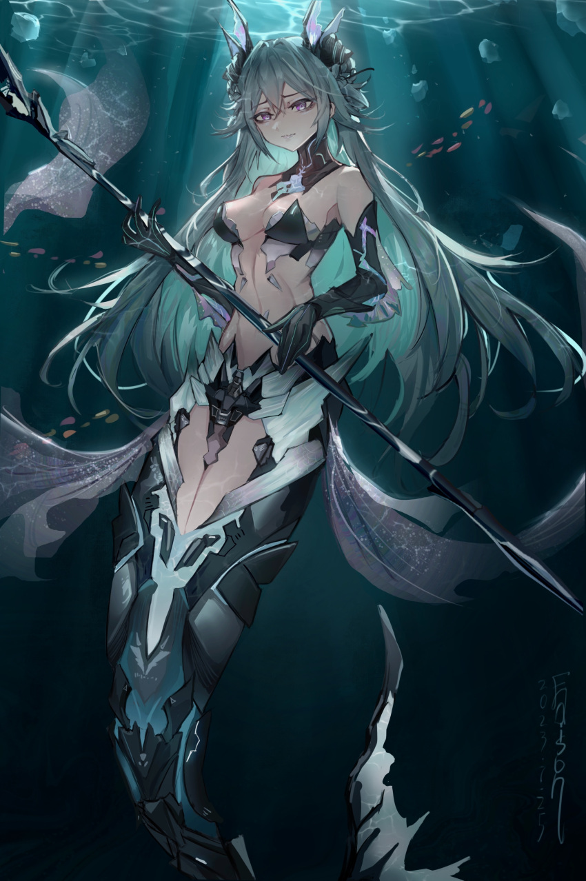 1girl absurdres adhesive_bra ankle_fins aqua_hair arm_fins black_bra bra breasts caustics cleavage closed_mouth collar colored_inner_hair crossed_bangs dated edison_(mvpg8237) embarrassed fins fish full_body hair_between_eyes head_fins highres holding_trident lamia_(punishing:_gray_raven) long_hair mechanical_arms mechanical_tail medium_breasts mermaid monster_girl multicolored_hair punishing:_gray_raven purple_eyes ringed_eyes shell_hair_ornament sidelocks solo tail underwater underwear very_long_hair