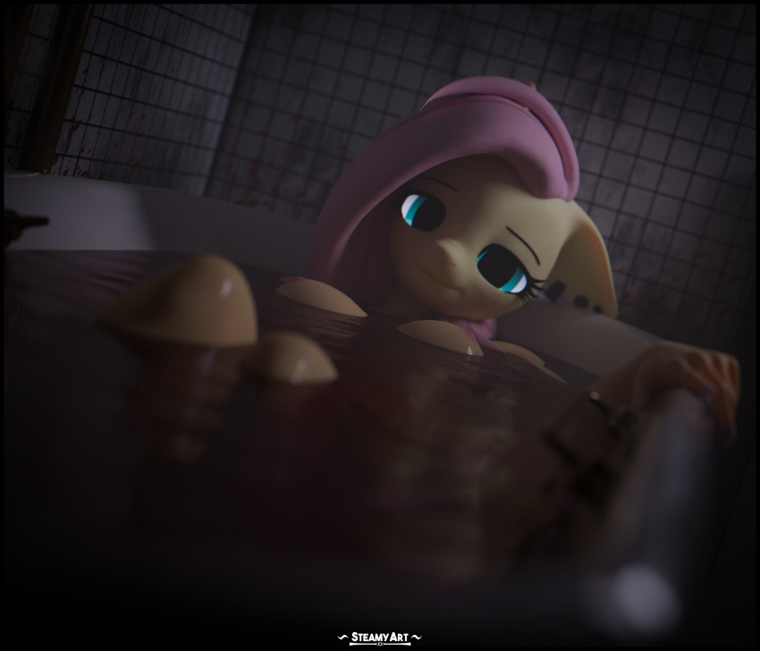 3d_(artwork) absurd_res anthro anthrofied bathtub blood blue_eyes bodily_fluids digital_media_(artwork) ear_piercing equid equine fluttershy_(mlp) friendship_is_magic fur hair hasbro hi_res looking_at_viewer mammal my_little_pony pegasus piercing pink_hair steamyart wings yellow_body yellow_fur