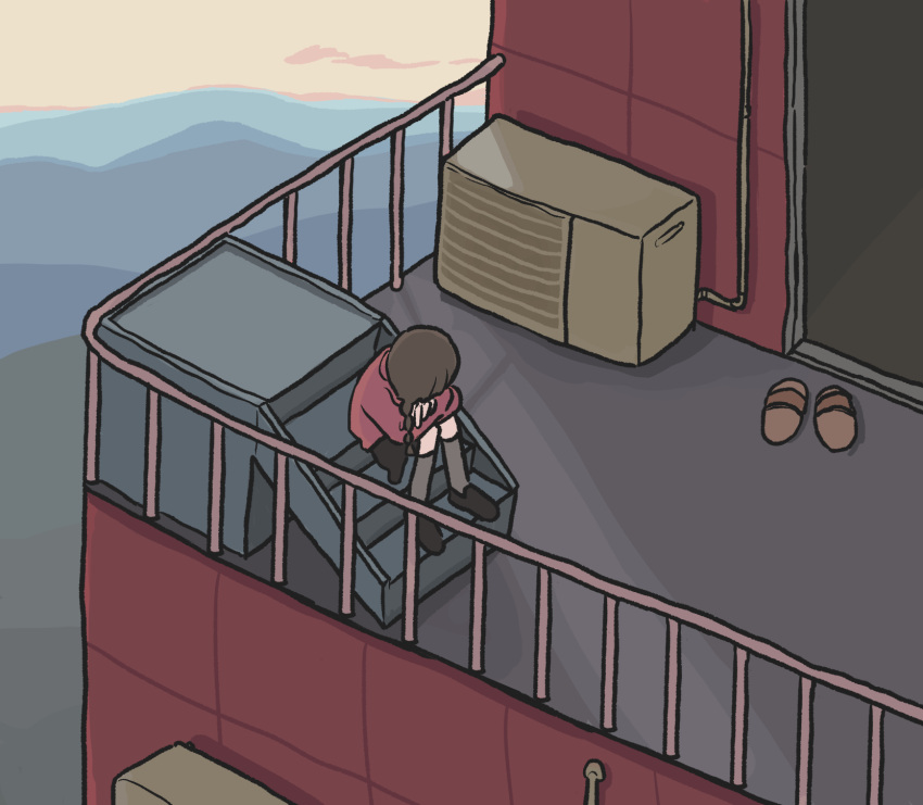 1girl arms_on_knees balcony black_footwear black_skirt braid brown_hair commentary_request condenser_unit crossed_arms from_above fucca grey_socks head_down highres kneehighs knees_up long_hair long_sleeves madotsuki outdoors pink_sweater railing shoes sitting sitting_on_stairs skirt slippers slippers_removed socks solo stairs sweater wide_shot yume_nikki