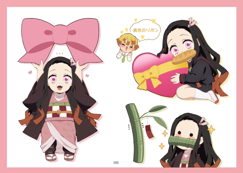 1boy 1girl absurdres agatsuma_zenitsu bamboo black_hair blonde_hair bow box bread chibi fangs food green_necktie hair_ribbon heart-shaped_box highres japanese_clothes kamado_nezuko kimetsu_gakuen kimetsu_no_yaiba kimono long_hair long_sleeves mouth_hold multicolored_hair necktie open_mouth orange_hair pink_bow pink_eyes pink_kimono pink_ribbon pori_(kmt_pori) ribbon school_uniform shirt shoes short_hair socks teeth white_shirt white_socks