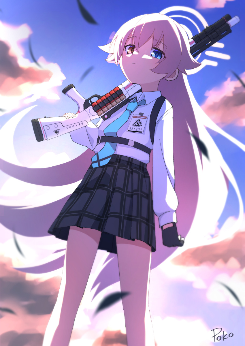1girl absurdres ahoge backlighting beretta_1301 black_feathers black_gloves black_skirt blue_archive blue_necktie blue_sky cloud cloudy_sky collared_shirt commentary_request falling_feathers feathers fingerless_gloves gloves gun hair_between_eyes halo heterochromia highres holding holding_gun holding_weapon hoshino_(blue_archive) id_card long_hair long_sleeves looking_at_viewer necktie outdoors over_shoulder pink_hair plaid plaid_skirt pleated_skirt poko_(user_rjdg5478) school_uniform shirt shotgun_shell shoulder_strap sidelocks signature skirt sky smile solo twilight weapon weapon_over_shoulder white_shirt wind