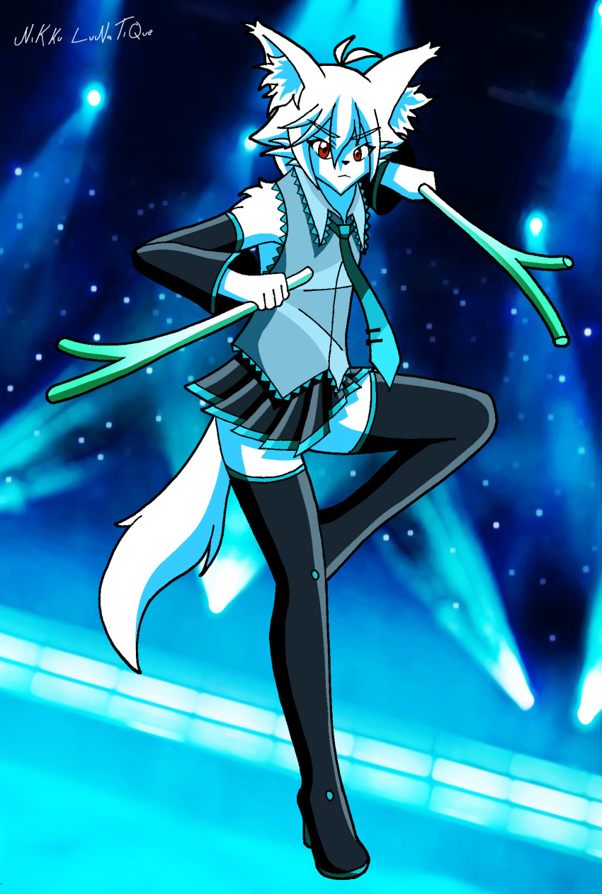 action_pose anthro armwear black_clothing blue_clothing bottomwear canid canine canis clothed clothing crossdressing elbow_gloves food fox fur gloves hair handwear hatsune_miku hi_res holding_object leek legwear looking_at_viewer male mammal necktie nikku_lunatique nikku_lunatique_(character) onion plant pose red_eyes shirt silver_clothing skirt solo thigh_highs topwear vegetable vocaloid white_body white_fur white_hair