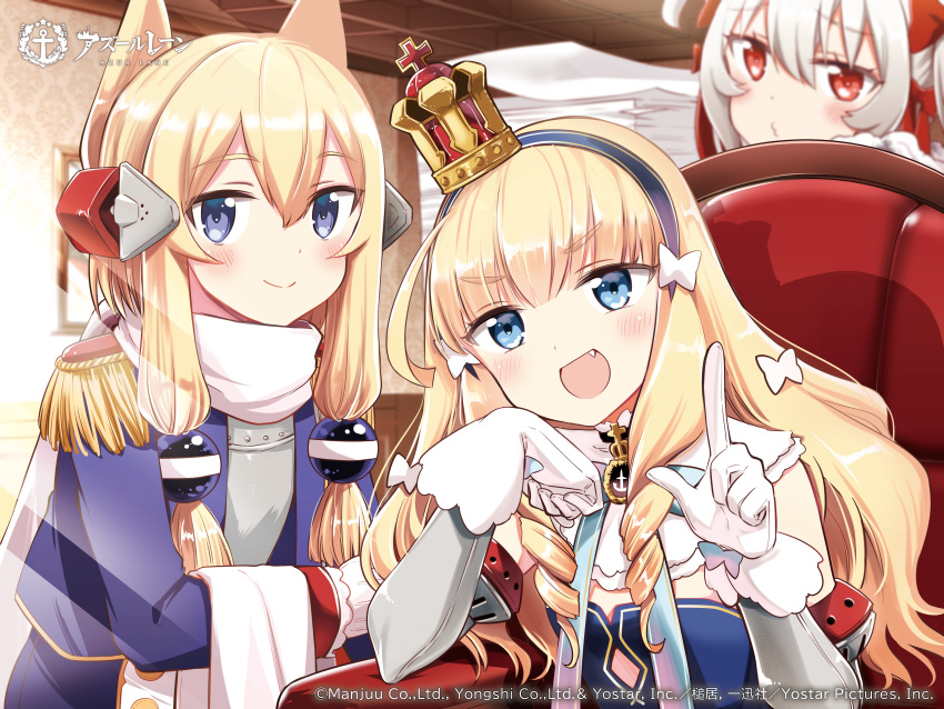 3girls absurdres aiguillette azur_lane azur_lane:_queen's_orders blonde_hair blue_eyes blunt_bangs blush commentary_request copyright_name crown drill_hair elbow_rest fang gloves hair_between_eyes hair_ribbon highres index_finger_raised indoors long_hair looking_at_viewer military_uniform mini_crown multiple_girls o3o official_art open_mouth paper queen_elizabeth_(azur_lane) red_eyes red_ribbon ribbon second-party_source smile tilted_headwear tsuchii_(ramakifrau) twin_drills uniform valiant_(azur_lane) warspite_(azur_lane) white_gloves white_hair