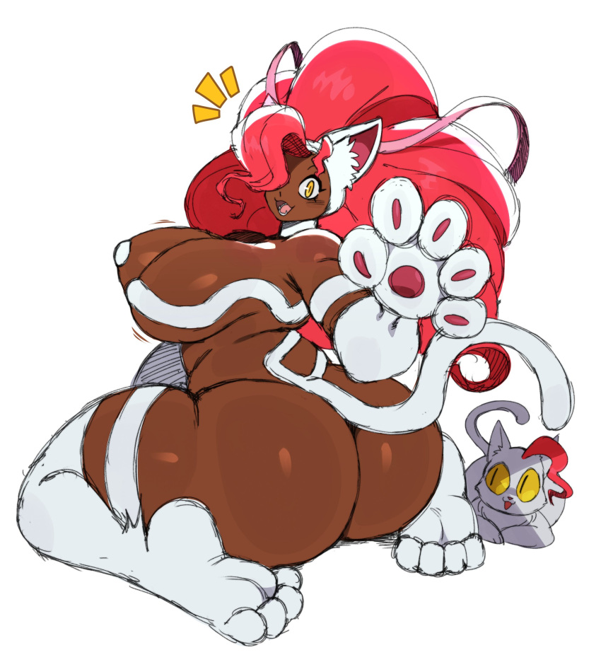 absurd_res big_breasts big_butt breasts brown_body butt capcom darkstalkers felicia_(darkstalkers) female feral fur hair hi_res humanoid open_mouth pawpads paws pink_hair pupils sharp_teeth simple_background slit_pupils sssonic2 tail teeth white_body white_fur yellow_eyes