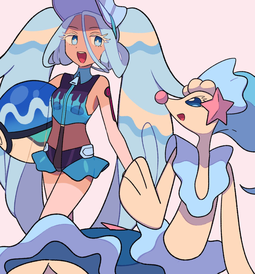 1girl :d ball beachball blue_eyes blue_hair bright_pupils colored_eyelashes commentary_request crossover eyelashes hatsune_miku highres long_hair open_mouth pokemon pokemon_(creature) primarina project_voltage smile swimsuit teeth tongue twintails tyako_089 upper_teeth_only vest visor_cap vocaloid white_background white_pupils zipper_pull_tab