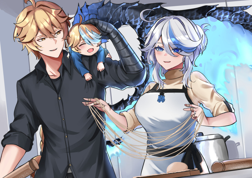 1girl 2boys absurdres aether_(genshin_impact) ahoge apron black_shirt blonde_hair blue_eyes blue_hair breasts collared_shirt cutting_board food furina_(genshin_impact) genshin_impact hair_between_eyes highres holding holding_food if_they_mated indoors large_breasts long_sleeves multicolored_hair multiple_boys noodles rolling_pin shirt sleeves_rolled_up streaked_hair sweater tian_kazuki turtleneck turtleneck_sweater two-tone_hair white_apron white_hair yellow_eyes yellow_sweater