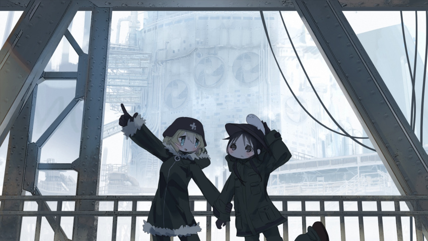 2girls black_eyes black_gloves black_hair blonde_hair blue_eyes chito_(shoujo_shuumatsu_ryokou) cowboy_shot day fur_trim gloves green_jacket green_pants helmet highres industrial jacket long_hair long_sleeves momo_(tou_gen_kyo) multiple_girls nuko_(shoujo_shuumatsu_ryokou) pants pointing rivets shoujo_shuumatsu_ryokou steel_beam yuuri_(shoujo_shuumatsu_ryokou)