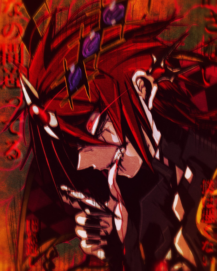 1boy aluber_the_jester_of_despia biting black_nails bleeding blood check_commentary commentary commentary_request detached_horns duel_monster ear_piercing eye_trail finger_biting forehead_jewel highres light_trail male_focus okirune_(yappa_neruwa) piercing red_eyes red_hair red_theme short_hair solo upper_body yu-gi-oh! yu-gi-oh!_master_duel