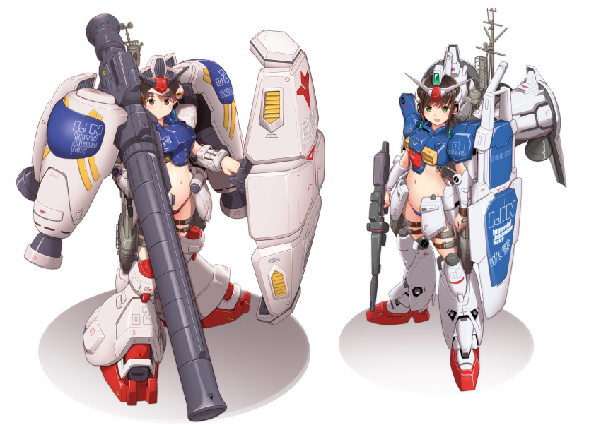 bikini black_hair blue_bikini brown_eyes brown_hair cosplay dated fubuki_(kancolle) full_body green_eyes gun gundam gundam_0083 gundam_gp-01_zephyranthes gundam_gp-02_physalis helmet highres kantai_collection looking_at_viewer low_ponytail m1_bazooka machinery mast mecha_musume moke_ro navel one-piece_swimsuit ponytail red_one-piece_swimsuit rifle rocket_launcher shield shirayuki_(kancolle) short_hair short_ponytail sidelocks simple_background slingshot_swimsuit smokestack standing swimsuit twitter_username weapon white_background