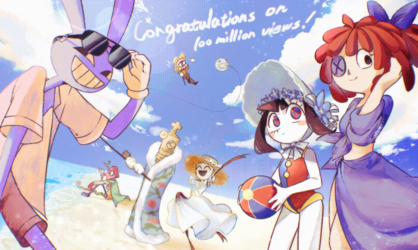 &gt;_&lt; 10ther 3boys 3girls :d ^^^ ^_^ adapted_costume adjusting_dress adjusting_eyewear adjusting_hair aida_(aidacamelia0516) aviator_sunglasses ball beach beachball bent_over biting black_eyes blue_eyes blue_flower blue_one-piece_swimsuit blue_robe blue_sky blunt_bangs blurry blush_stickers bokeh bonnet bow breasts brown_hair brown_headwear brown_pants bubble_(the_amazing_digital_circus) button_eyes caine_(the_amazing_digital_circus) cane chess_piece chin_strap closed_eyes cloud colored_sclera colored_skin commentary congratulations cowboy_shot cumulonimbus_cloud depth_of_field dithered_background dithering dress dutch_angle elbow_rest english_commentary english_text expressionless eyelashes fishing fishing_line fishing_rod floating_hair flower flying flying_sweatdrops full_body fur-trimmed_robe fur_trim gangle_(the_amazing_digital_circus) gloves green_shirt grin hair_bow hat hat_bow hat_flower hat_ribbon head_wreath highres holding holding_ball holding_fishing_rod jax_(the_amazing_digital_circus) king_(chess) kinger_(the_amazing_digital_circus) knee_up light_smile long_sleeves looking_at_another looking_at_viewer looking_to_the_side loose_clothes loose_shirt mask midriff milestone_celebration multicolored_clothes multicolored_swimsuit multiple_boys multiple_girls ocean one-piece_swimsuit open_clothes open_mouth open_shirt orange_shirt pants pom_pom_(clothes) pomni_(the_amazing_digital_circus) print_robe purple_bow purple_sarong purple_shirt rabbit_boy ragatha_(the_amazing_digital_circus) red_eyes red_hair red_one-piece_swimsuit retro_artstyle ribbon ringlets robe sand sarong shirt short_hair short_sleeves sidelocks sitting sky small_breasts smile squatting standing standing_on_one_leg straw_hat sun_hat sundress sunglasses swimsuit symbol-shaped_pupils teeth the_amazing_digital_circus tied_shirt two-tone_eyes water waving white_bow white_dress white_gloves white_headwear white_ribbon white_skin wind yellow_gloves yellow_one-piece_swimsuit yellow_sclera yellow_shirt yellow_teeth zooble_(the_amazing_digital_circus)