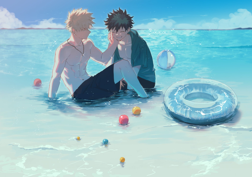 2boys ^_^ abs bakugou_katsuki ball beach beachball black_male_swimwear blonde_hair blue_jacket blue_sky blurry blurry_background boku_no_hero_academia closed_eyes closed_mouth cloud collarbone commentary day diffraction_spikes dot_nose eyes_visible_through_hair freckles gradient_sky green_hair grin hair_between_eyes hakua_(ktdkilu) hand_on_another's_face hand_on_another's_hand hand_up happy highres hood hood_down hooded_jacket horizon innertube jacket jewelry knee_up light looking_at_another male_focus male_swimwear midoriya_izuku multiple_boys navel necklace no_nipples no_shirt ocean on_ground open_clothes open_jacket outdoors partially_submerged profile red_eyes ring_necklace scar scar_on_hand shadow short_hair short_sleeves sidelighting sky smile sparkle spiked_hair sunlight swim_trunks toned toned_male topless_male water water_drop wet wet_clothes wide_shot yaoi