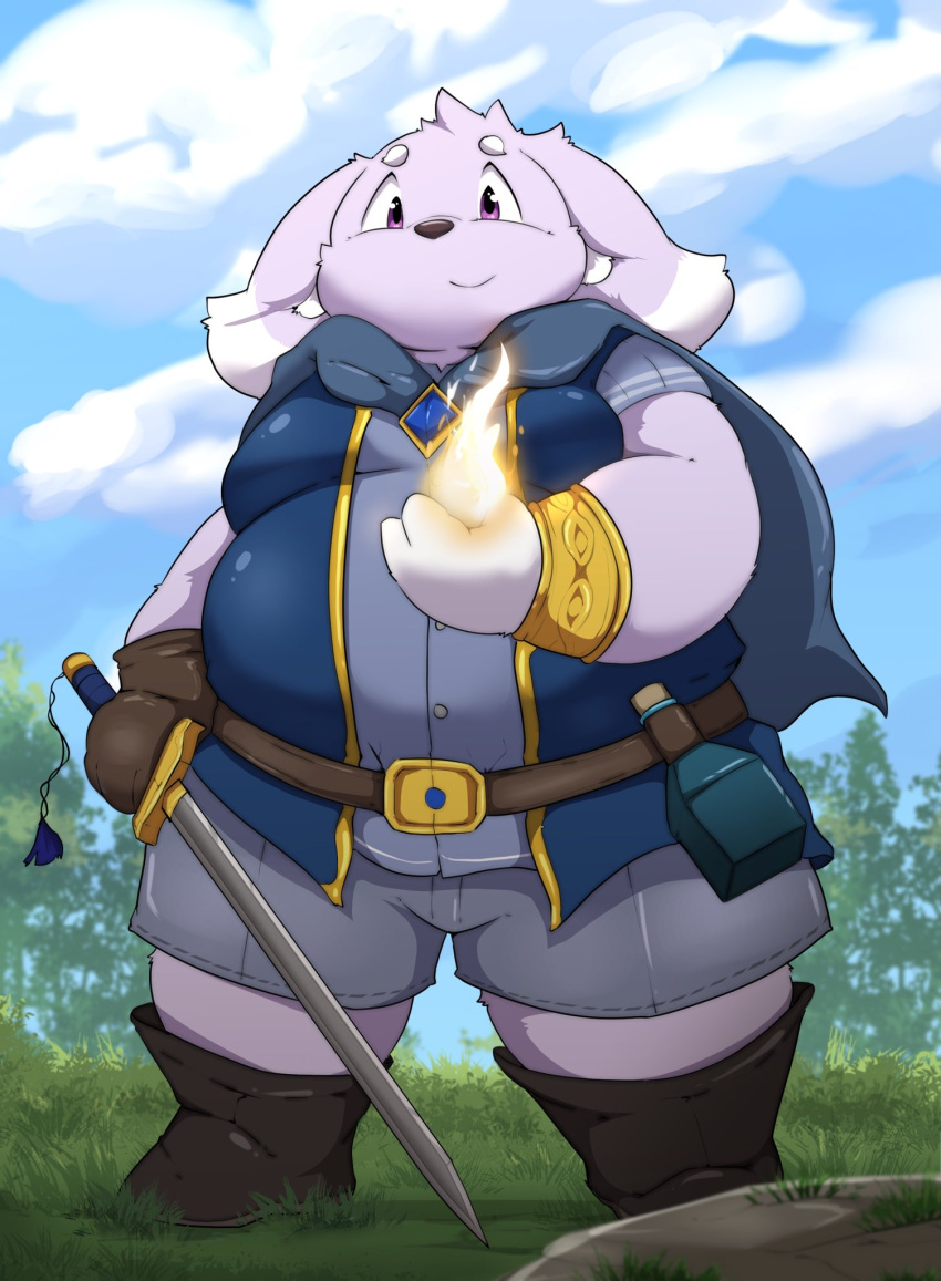 2023 anthro belly big_belly cloud detailed_background hi_res kemono kusosensei lagomorph leporid magic male mammal melee_weapon outside overweight overweight_male plant rabbit solo sword tokki tree weapon