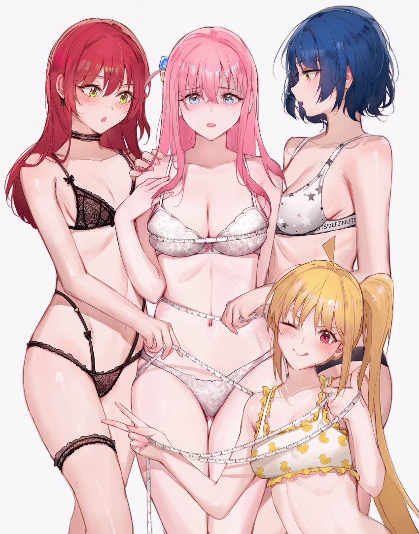 4girls ;q absurdres ass_visible_through_thighs black_bra black_choker black_panties blonde_hair blue_eyes blue_hair blush bocchi_the_rock! bow bow_earrings bra breasts choker collarbone cube_hair_ornament deez_nuts_(meme) earrings gotoh_hitori green_eyes hair_ornament highres ijichi_nijika jewelry kita_ikuyo large_breasts lingerie long_hair looking_at_another looking_at_viewer measuring medium_breasts meme multiple_girls navel one_eye_closed open_mouth paid_reward_available panties pink_hair qiandaiyiyu red_eyes red_hair short_hair shy side_ahoge simple_background small_breasts stomach tape_measure tears thigh_gap thigh_strap thighs thumbs_up tongue tongue_out underwear underwear_only v white_background white_bra white_panties yamada_ryo yellow_bra yellow_eyes