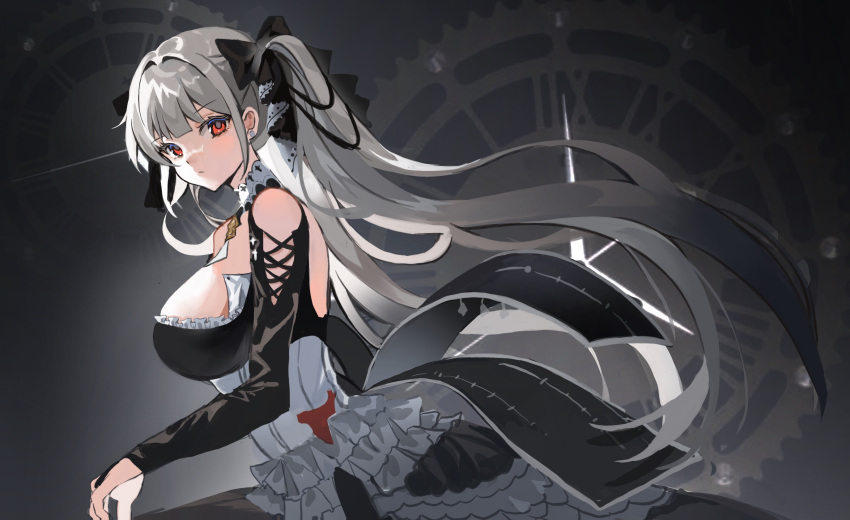 1girl absurdres azur_lane bare_shoulders black_dress black_ribbon breasts closed_mouth dress flight_deck formidable_(azur_lane) frills from_side gears gothic_lolita grey_hair hair_ribbon highres komuer large_breasts lolita_fashion long_hair long_sleeves looking_at_viewer red_eyes ribbon sidelocks solo twintails two-tone_dress two-tone_ribbon upper_body white_dress white_ribbon