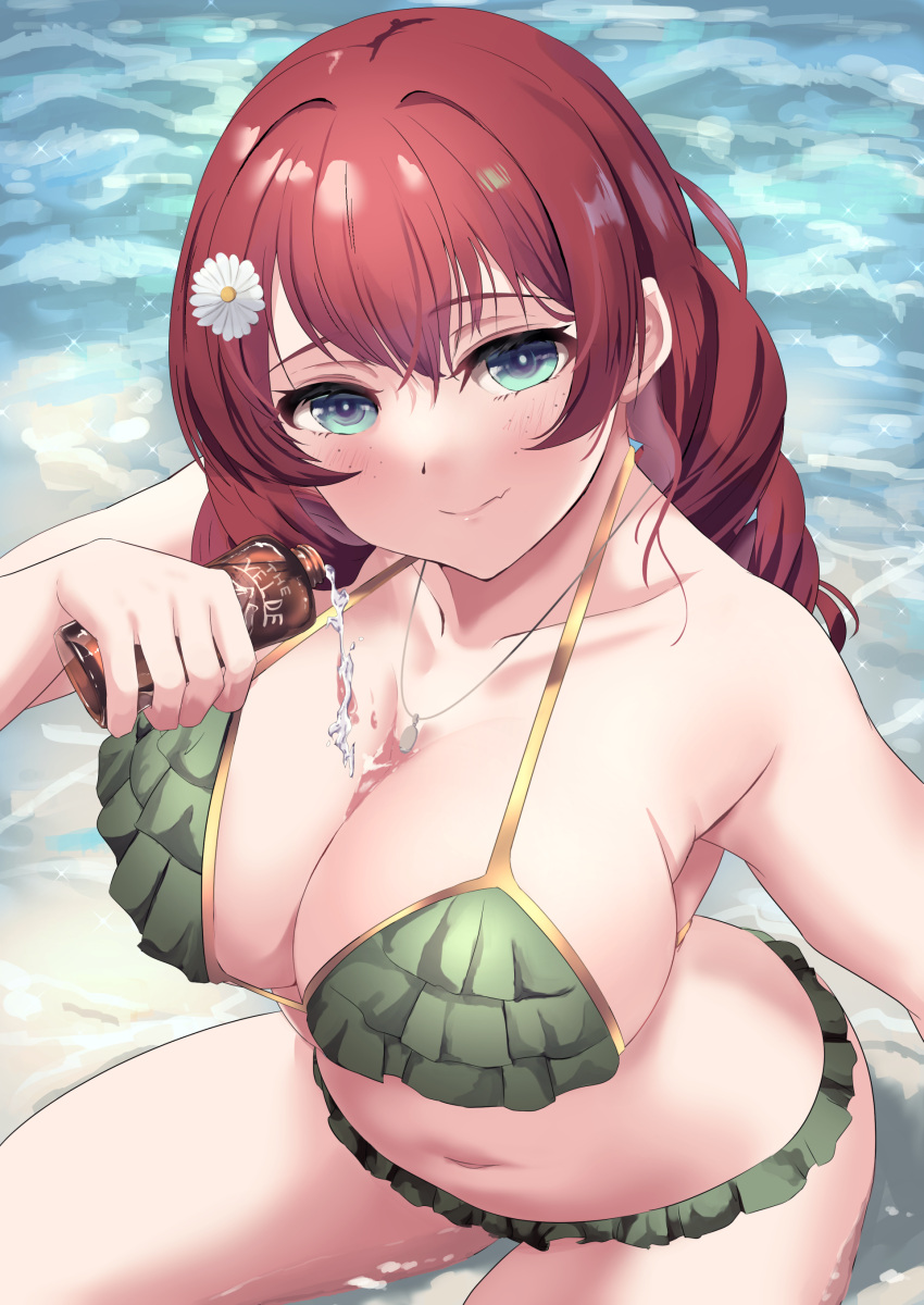 1girl absurdres bikini blue_eyes bottle braid breasts butter_curry cleavage emma_verde freckles frilled_bikini frills from_above green_bikini highres holding holding_bottle large_breasts looking_at_viewer love_live! love_live!_nijigasaki_high_school_idol_club low_twintails medium_hair red_hair solo swimsuit twin_braids twintails wavy_mouth