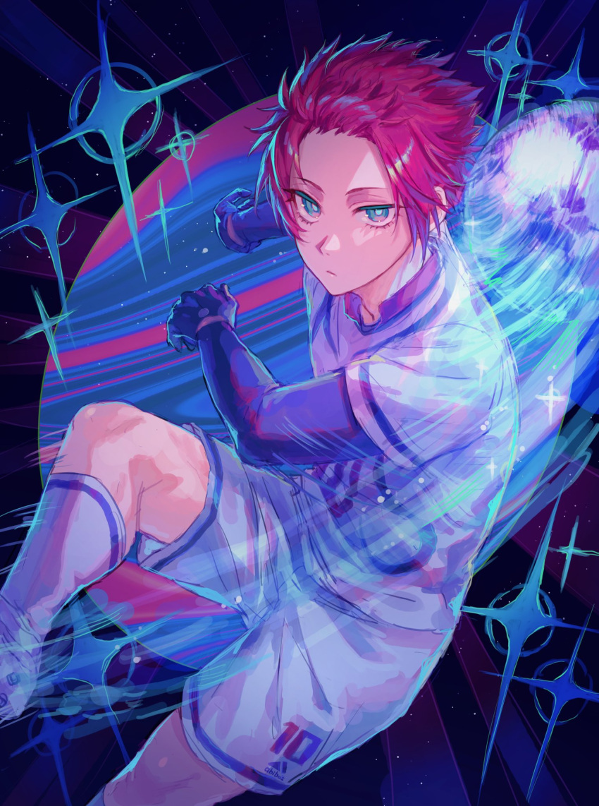 1boy ball black_gloves blue_eyes blue_lock closed_mouth commentary cowboy_shot gloves highres itoshi_sae kshima_mo369 long_sleeves looking_at_viewer male_focus purple_background red_hair shirt short_hair shorts soccer_ball socks solo standing white_shirt white_shorts white_socks