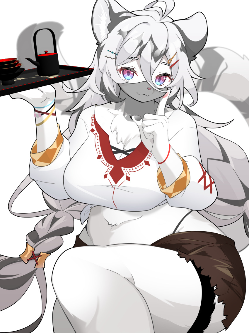 1girl :3 absurdres ahoge animal_ears blue_eyes braid breasts brown_shorts cleavage closed_mouth commentary_request crop_top feet_out_of_frame finger_to_own_chin furry furry_female gradient_eyes grey_hair hair_ornament hairclip hannah_(mahjong_soul) highleg highleg_panties highres holding holding_tray index_finger_raised large_breasts long_bangs long_hair long_sleeves looking_at_viewer low-tied_long_hair mahjong_soul manmarumao midriff mouth_veil multicolored_eyes navel panties pink_eyes plump saucer shirt short_shorts shorts simple_background solo teapot thigh_strap tiger_ears tiger_girl tray underwear veil very_long_hair white_background white_hair white_shirt wristband