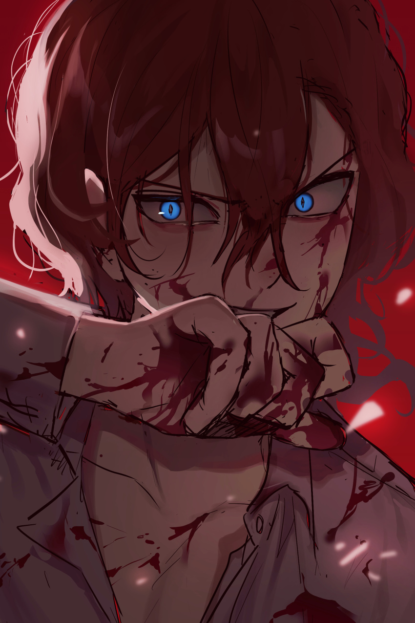 1boy absurdres blood blood_on_face blood_on_hands blue_eyes bungou_stray_dogs collarbone collared_shirt grey_shirt grin hand_up highres long_hair looking_at_viewer male_focus nakahara_chuuya partially_unbuttoned red_background red_hair shirt simple_background smile solo upper_body v-shaped_eyebrows vancy