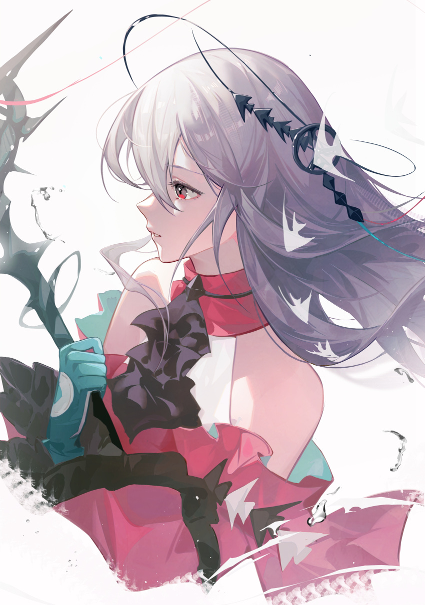 1girl absurdres angelfish aqua_gloves arknights ascot bare_shoulders black_ascot commentary_request cropped_torso fish frilled_sleeves frills from_side gloves grey_hair highres holding holding_staff long_hair long_sleeves parted_lips red_eyes simple_background skadi_(arknights) skadi_the_corrupting_heart_(arknights) staff tolu_ya white_background wide_sleeves