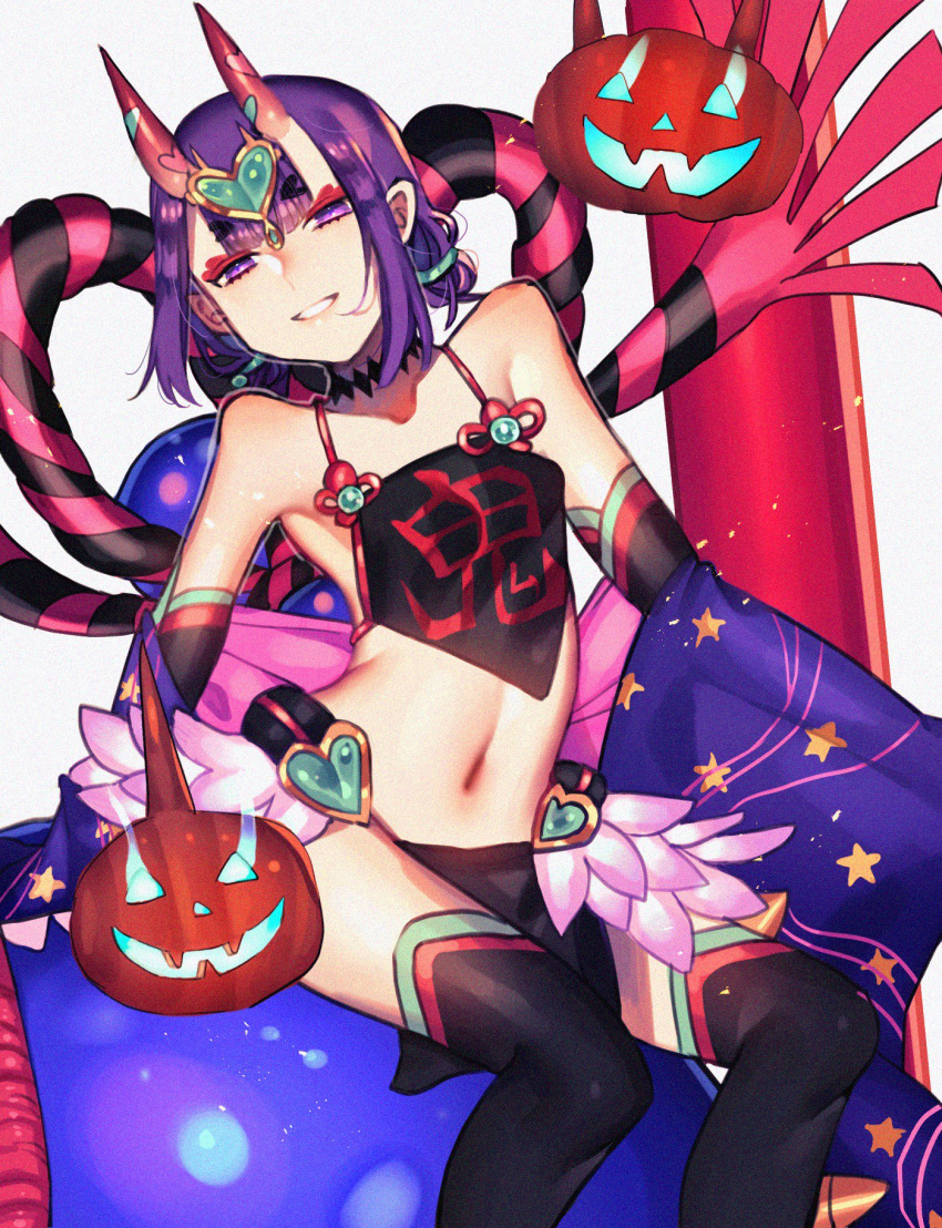 1girl bare_shoulders black_fundoshi breasts chinese_clothes detached_sleeves dudou fate/grand_order fate_(series) fundoshi headpiece highres horns japanese_clothes looking_at_viewer navel oni oni_horns pumpkin purple_eyes purple_hair revealing_clothes short_eyebrows short_hair shuten_douji_(fate) shuten_douji_(halloween_caster)_(fate) sitting skin-covered_horns small_breasts smile solo star_(symbol) star_print thighhighs yatatashira