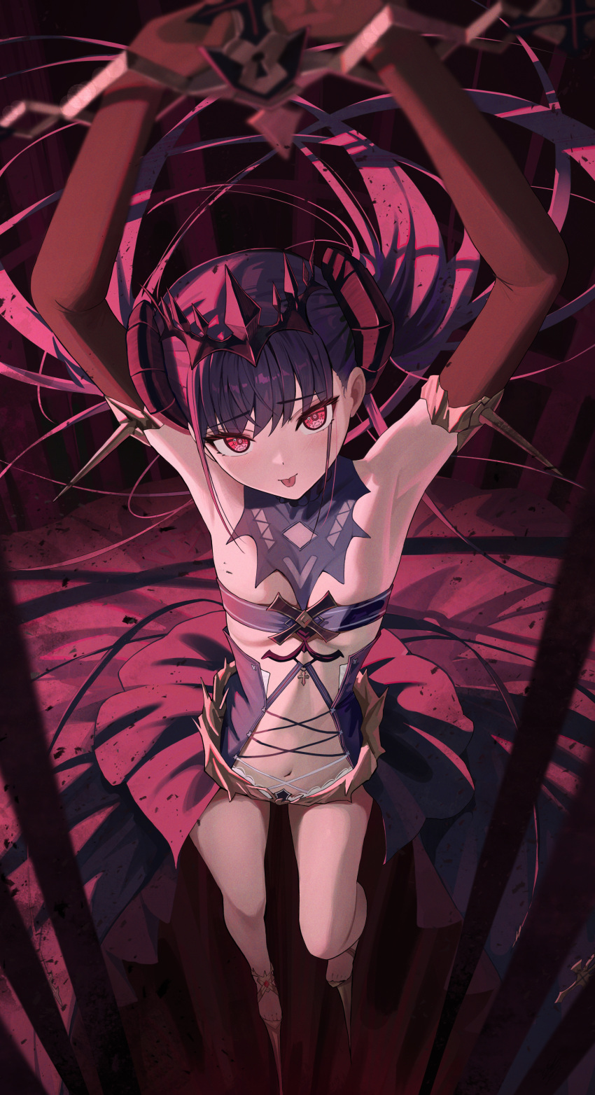 1girl absurdres armpits arms_up azur_lane black_gloves bound bound_wrists breast_strap commentary_request cross cross-laced_clothes cross-laced_skirt crown cuffs elbow_gloves felix_schultz_(azur_lane) floating_hair foreshortening full_body gloves gold_footwear hidulume highres horns iron_cross light_blush lock long_hair looking_at_viewer midriff navel purple_hair purple_skirt red_eyes restrained revealing_clothes showgirl_skirt skirt solo tongue tongue_out twintails