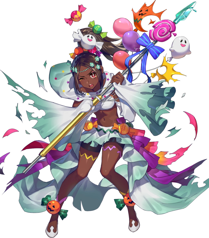 1girl alternate_costume balloon black_shorts breasts brown_hair candy_hair_ornament dark-skinned_female dark_skin fire_emblem fire_emblem_engage fire_emblem_heroes food-themed_hair_ornament full_body gradient_clothes hair_ornament highres holding holding_weapon jack-o'-lantern long_hair long_sleeves medium_breasts midriff navel non-web_source official_alternate_costume official_art okada_manabi one_eye_closed parted_bangs polearm ponytail pumpkin red_eyes ribbon shiny_skin shoes shorts skirt solo spear star-shaped_pupils star_(symbol) stomach symbol-shaped_pupils teeth timerra_(fire_emblem) torn_clothes transparent_background upper_teeth_only weapon wide_sleeves