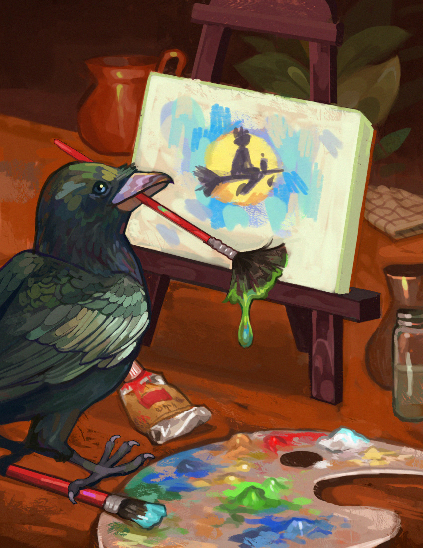 1other animal animal_focus bird broom broom_riding canvas_(object) claireburke crow familiar highres holding holding_paintbrush jar jiji_(majo_no_takkyuubin) kiki_(majo_no_takkyuubin) leaf looking_at_viewer majo_no_takkyuubin original paint_tube paintbrush painting_(action) painting_(object) palette_(object) studio_ghibli tool_in_mouth witch