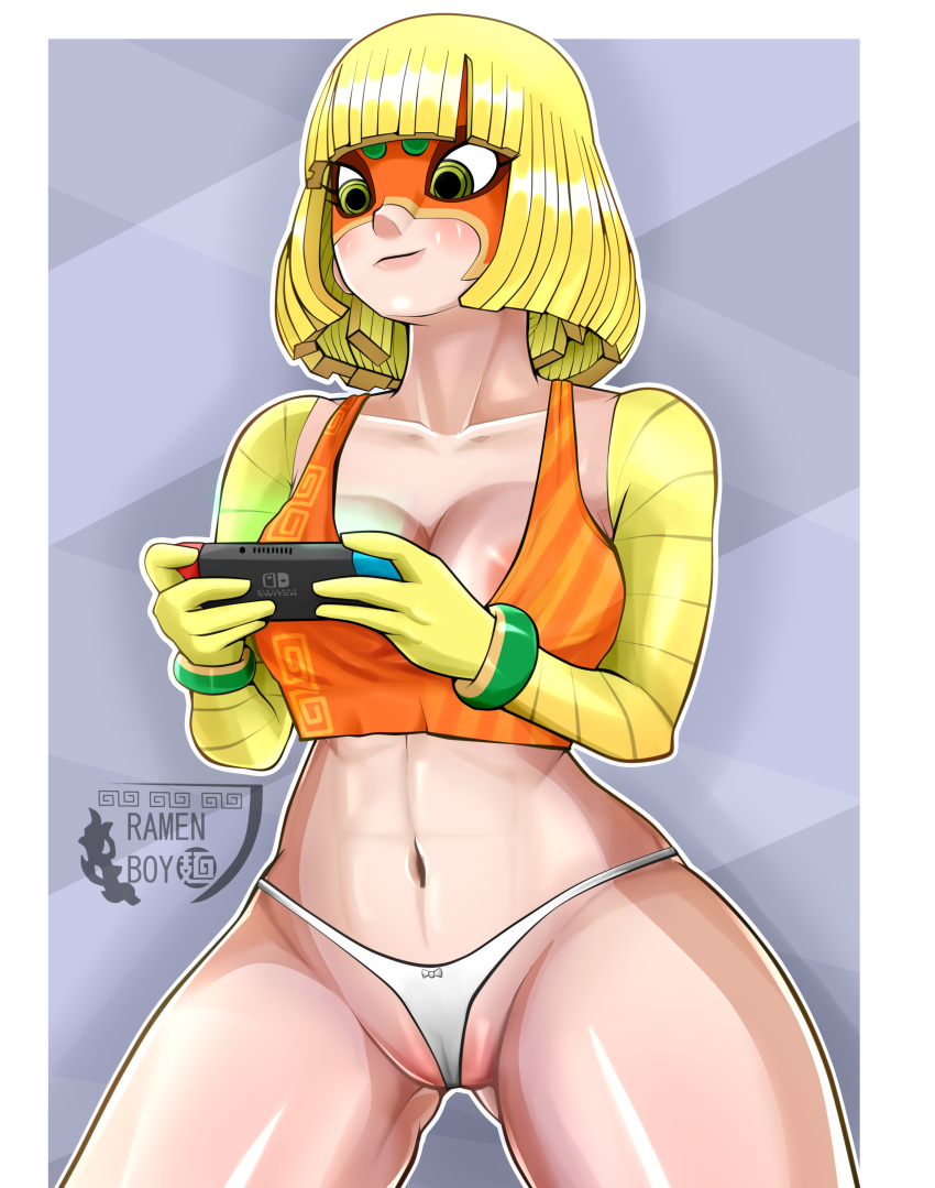 absurdres arms_(game) blonde_hair blouse blush breasts distracted food game_console green_eyes highres large_breasts legs mask min_min_(arms) nintendo nintendo_switch noodles orange_shirt panties playing_games ramen shirt short_hair solo super_smash_bros. underwear