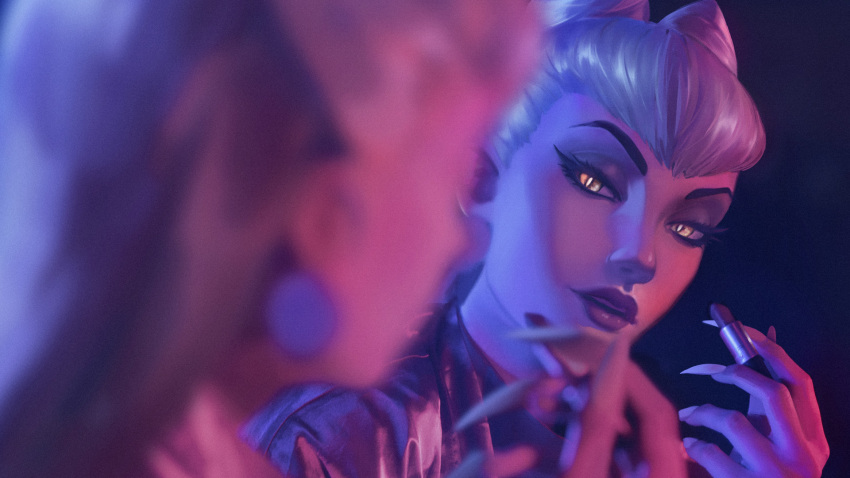 1girl asymmetrical_bangs blurry blurry_foreground close-up cone_hair_bun cosmetics dark_background demon demon_girl drop_earrings earrings evelynn_(league_of_legends) eyeshadow fingernails hair_bun highres holding holding_lipstick_tube jewelry k/da_(league_of_legends) k/da_all_out_evelynn kudos3d league_of_legends lipstick_tube long_fingernails long_hair looking_at_mirror makeup mirror purple_eyeshadow purple_lips purple_robe reflection robe sharp_fingernails slit_pupils solo teeth the_baddest_evelynn upper_teeth_only white_hair white_nails yellow_eyes