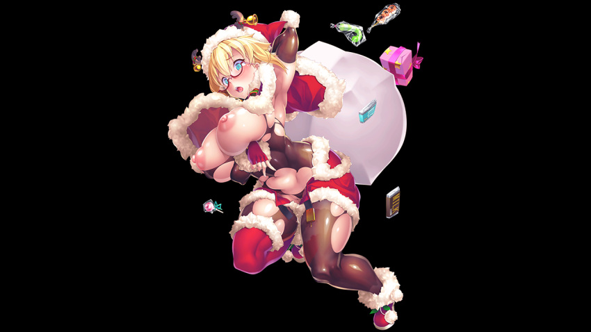 :o arm_behind_back asymmetrical_legwear bell blonde_hair bodysuit boots breast_hold breasts breasts_out christmas_ornaments deer_head fur-trimmed_headwear fur_trim gift hat jingle_bell potion_(moudamepo) red_footwear sack santa_costume santa_hat shinohara_mari short_hair taimanin_(series) taimanin_rpgx torn_bodysuit torn_clothes