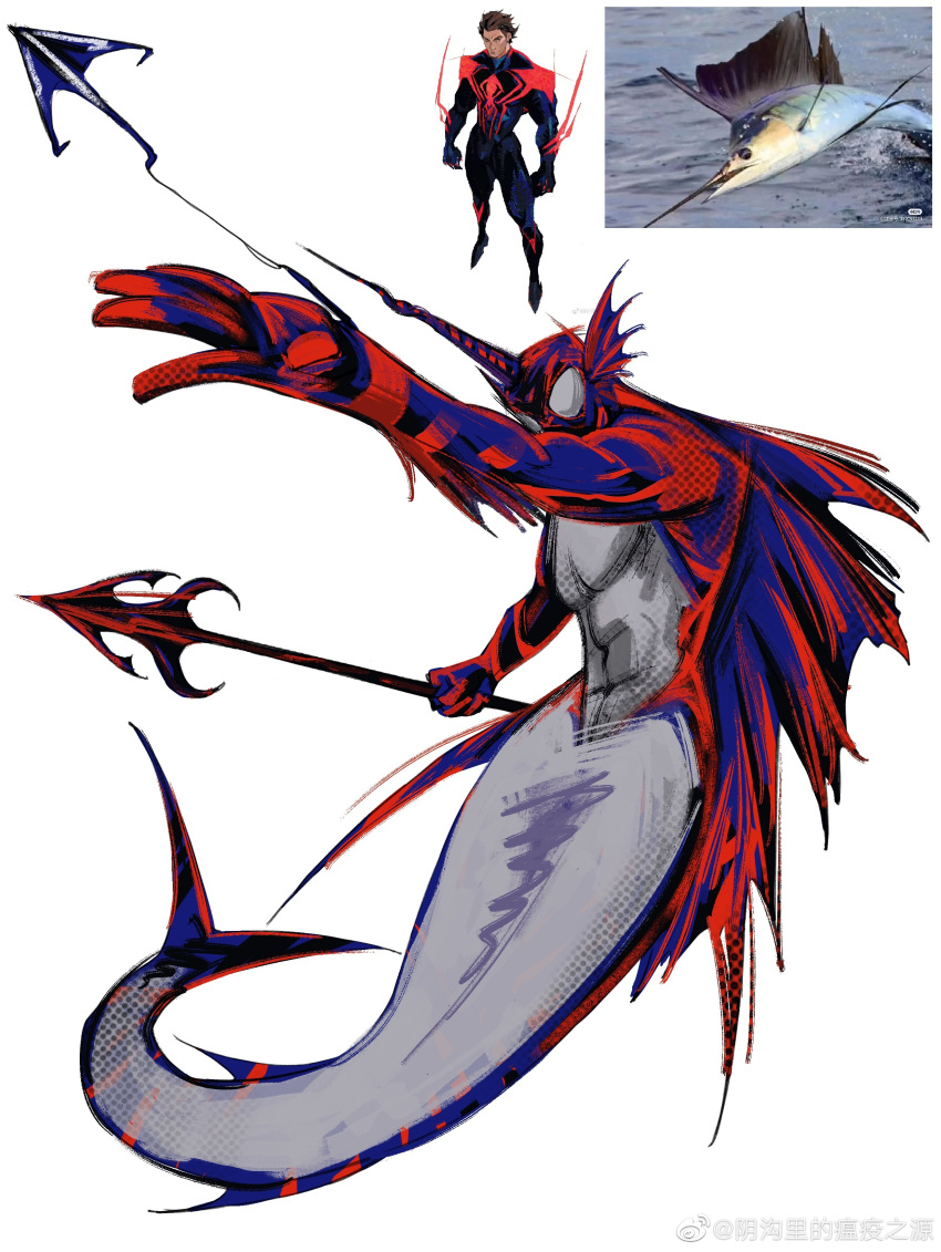 1boy abs absurdres adapted_costume fish_request from_side full_body harpoon highres holding holding_weapon horns large_horns male_focus marvel merman miguel_o'hara monster_boy monsterification muscular muscular_male navel print_bodysuit reference_inset single_horn solo spider-man:_across_the_spider-verse spider-man_(2099) spider-man_(series) spider-verse superhero two-tone_bodysuit weapon yingou_li_de_wenyi_zhi_yuan