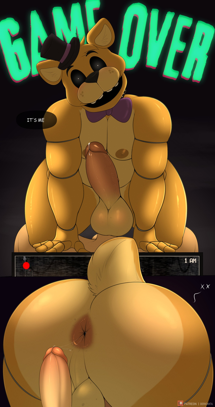 absurd_res animatronic anthro anus balls bear big_butt big_penis black_eyes bodily_fluids bow_tie butt clothing cowgirl_position derickk76 dialogue duo erection five_nights_at_freddy's from_front_position fur game_over gameplay_mechanics genital_fluids genitals golden_freddy_(fnaf) hat headgear headwear hi_res huge_butt human human_on_anthro humanoid_genitalia humanoid_penis interspecies machine male male/male male_on_anthro mammal on_bottom on_top penis penis_size_difference perineum power_bottom precum presenting presenting_hindquarters robot scottgames sex thick_thighs top_hat yellow_body yellow_fur