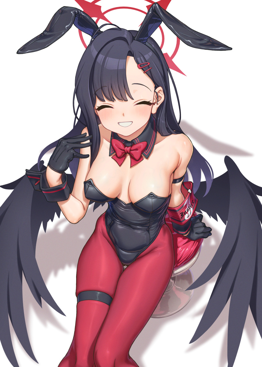 1girl absurdres armband aya_shachou black_choker black_gloves black_hair black_leotard black_wings blue_archive breasts choker cleavage closed_eyes gloves hair_ornament hairclip halo highres ichika_(blue_archive) leotard long_hair low_wings on_stool pantyhose playboy_bunny red_pantyhose smile thigh_strap wings wrist_cuffs