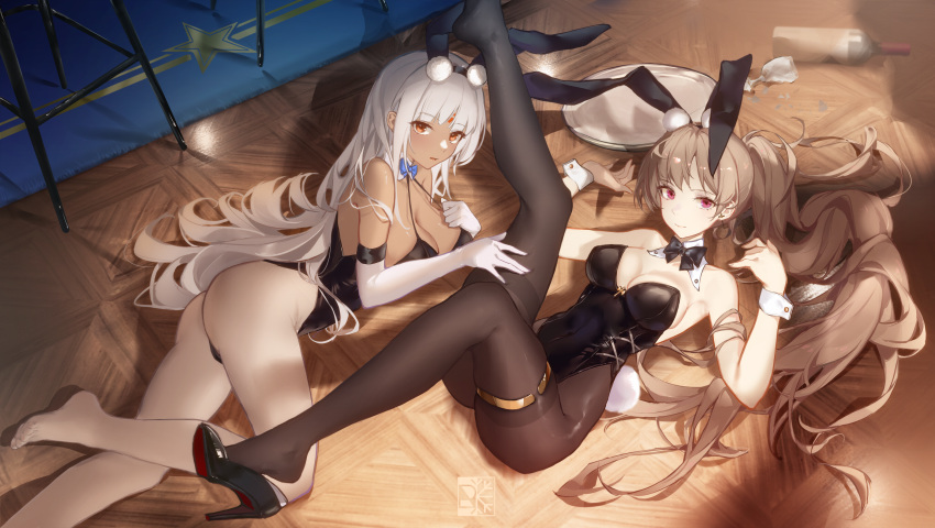 2girls alternate_costume azur_lane barefoot black_leotard bottle breasts cleavage commentary_request commission cup dark-skinned_female dark_skin detached_collar drinking_glass elbow_gloves english_commentary feet foot_out_of_frame gloves high_heels highres jean_bart_(azur_lane) legs leotard long_hair looking_at_viewer lying massachusetts_(azur_lane) mixed-language_commentary multiple_girls on_back on_side pantyhose pixiv_commission playboy_bunny rein_yukimatsu shoe_dangle thighlet toes tray wine_bottle wine_glass wrist_cuffs