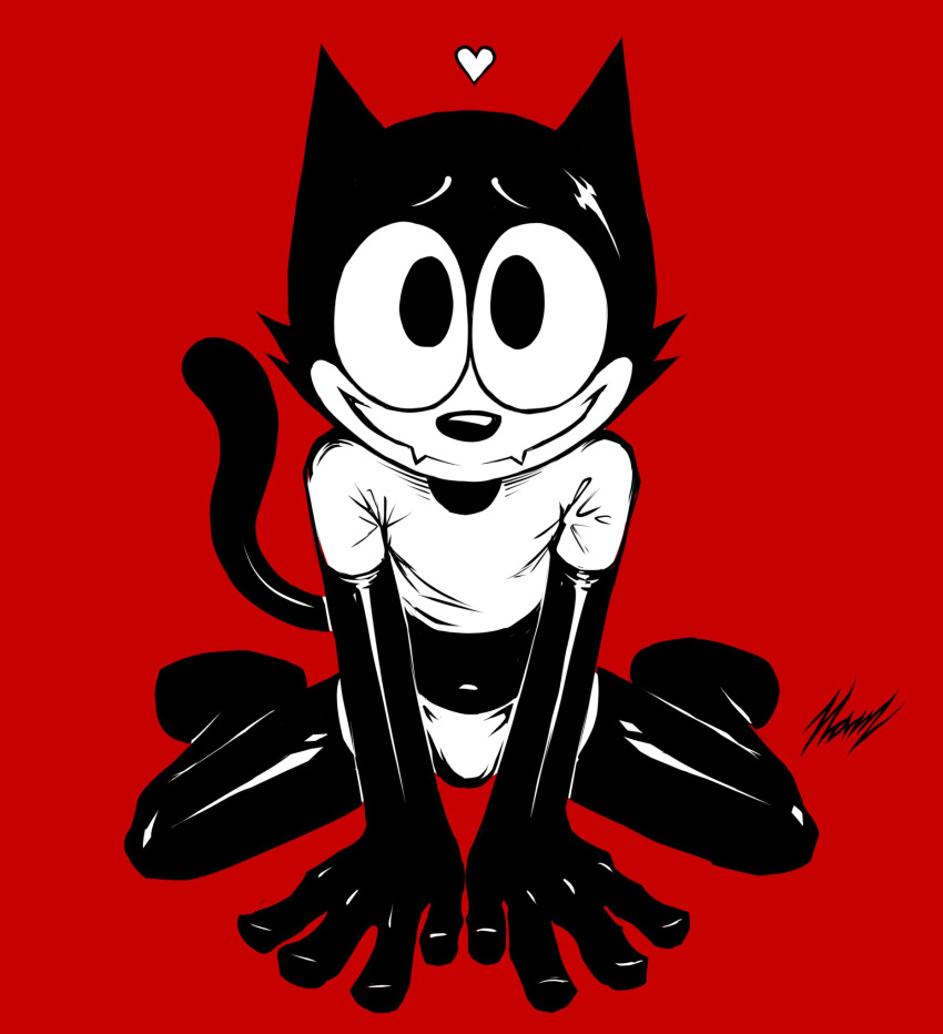 &lt;3 2023 4_fingers anthro biped black_body black_fur bulge clothed clothing digital_drawing_(artwork) digital_media_(artwork) domestic_cat felid feline felis felix_the_cat felix_the_cat_(series) fingers fleischer_style_toon fur hanzkilla happy hi_res looking_at_viewer male mammal paws red_background sharp_teeth simple_background sitting smile solo tail teeth toony white_body