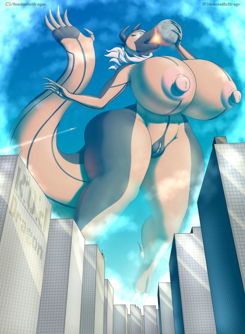 aircraft airplane anthro areola big_areola big_breasts big_nipples blue_eyes blue_sclera blue_sky breasts building city clitoris cloudscape curvy_figure female generation_6_pokemon genitals giga glowing glowing_eyes hi_res hourglass_figure huge_breasts knockedoutdragon lance_(lancefoxcia) lava legendary_pokemon low-angle_view macro neck_tuft nintendo nipples object_vore open_mouth orange_body pink_nipples planet_vore pokemon pokemon_(species) pussy sky skyscraper solo tail thick_tail thick_thighs tuft vore white_tuft yveltal