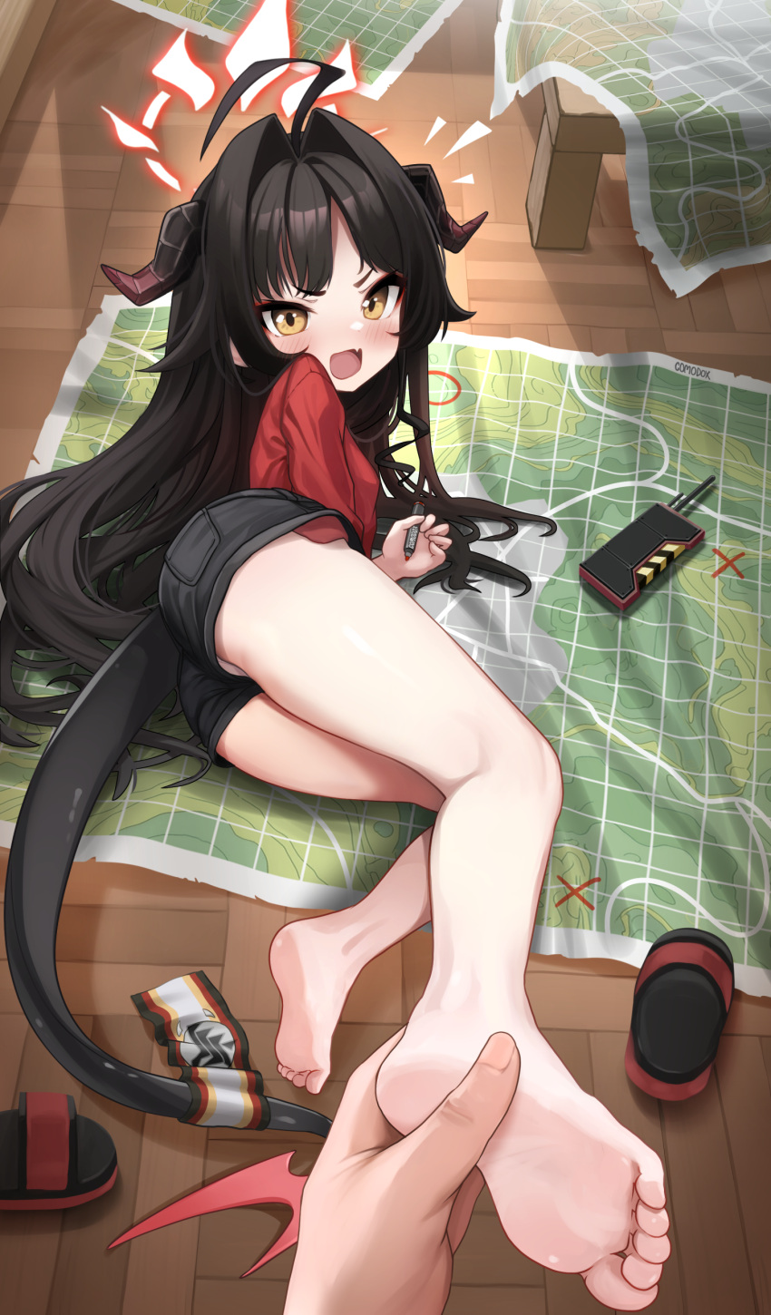 1girl 1other absurdres ahoge barefoot black_hair black_shorts blue_archive blush breasts commentary comodomodo demon_girl demon_horns demon_tail english_commentary fang feet foot_massage full_body hair_intakes halo highres holding_another's_foot horns indoors kasumi_(blue_archive) legs long_hair looking_at_viewer lying on_floor on_side open_mouth pov pov_hands red_halo red_shirt sandals sandals_removed shirt short_shorts shorts skin_fang small_breasts soles tail toes yellow_eyes