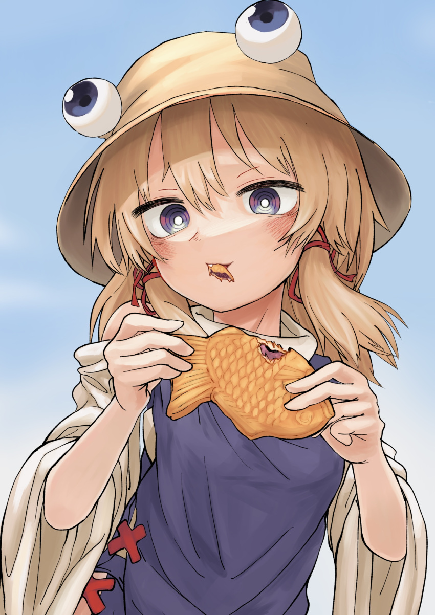 1girl absurdres blonde_hair detached_sleeves eating food hair_ornament hair_ribbon hat highres holding holding_food long_sleeves looking_at_viewer moriya_suwako neritch pyonta ribbon short_hair solo taiyaki touhou wagashi wide_sleeves