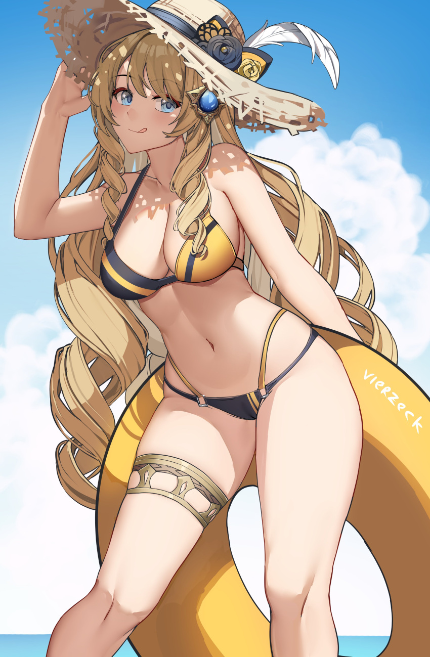 1girl :p absurdres banned_artist bikini blonde_hair blue_eyes breasts drill_hair genshin_impact hat highres holding holding_innertube innertube large_breasts long_hair navia_(genshin_impact) solo swimsuit thighlet tongue tongue_out twin_drills very_long_hair vierzeck yellow_bikini yellow_innertube