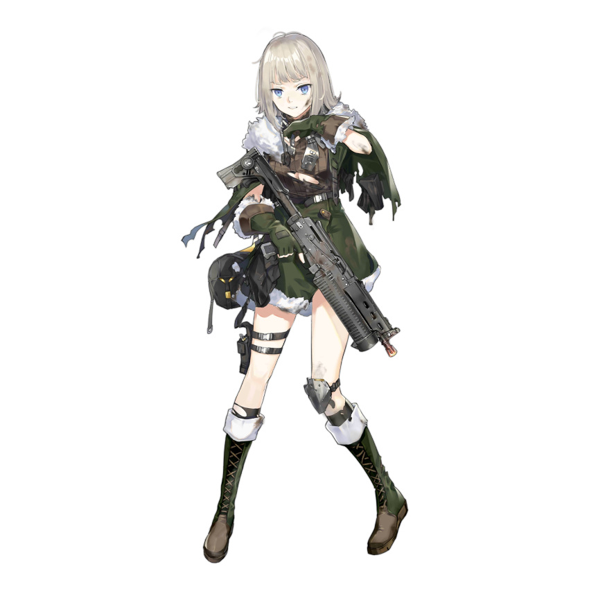 1girl bag black_socks blue_eyes blunt_bangs boots breasts broken brown_sweater capelet clenched_teeth cross-laced_footwear duffel_bag fingerless_gloves full_body fur-trimmed_capelet fur-trimmed_gloves fur-trimmed_skirt fur_trim girls'_frontline gloves glowing_hot green_capelet green_footwear green_gloves gun hao_(patinnko) headphones highres knee_boots knee_pads kneehighs lace-up_boots large_breasts load_bearing_equipment long_hair looking_at_viewer mod3_(girls'_frontline) official_art pp-19_(girls'_frontline) pp-19_bizon ribbed_sweater scorch_mark simple_background single_knee_pad skirt snap-fit_buckle socks solo submachine_gun sweater teeth thigh_pouch torn_boots torn_capelet torn_clothes torn_gloves torn_socks transparent_background trigger_discipline weapon white_hair