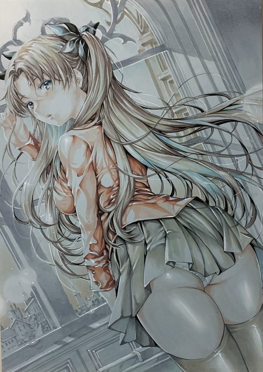 1girl absurdres ass breasts brown_hair colored_pencil_(medium) cowboy_shot fate/stay_night fate_(series) green_eyes grey_skirt grey_thighhighs hair_ribbon hand_up highres indoors jacket katsu_(24791909) long_hair looking_at_viewer looking_back marker_(medium) medium_breasts miniskirt panties pantyshot parted_lips pleated_skirt red_jacket ribbon skirt skyline thighhighs thighs tohsaka_rin traditional_media twintails underwear upskirt white_panties window