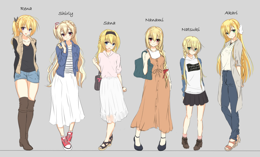 6+girls :d ahoge alternate_costume alternate_hairstyle amairo_islenauts arihara_nanami bag black_footwear black_hairband black_shirt blonde_hair blue_eyes blue_jacket blush boots bow braid brown_eyes brown_footwear casual character_name chitose_sana clenched_hand color_connection commentary company_connection crossover crown_braid double-parted_bangs dress empty_x_embryo full_body green_eyes green_jacket grey_background hair_between_eyes hair_bow hair_color_connection hair_intakes hair_ribbon hairband half_updo hand_up handbag head_tilt height_difference highres hirocchi hood hooded_jacket jacket kanemoto_akari knee_boots kono_natsuki lena_liechtenauer light_blush long_hair looking_at_viewer low_twintails miniskirt multiple_girls noble_works one_side_up open_clothes open_jacket open_mouth orange_dress pink_shirt pleated_skirt ponytail purple_eyes red_bow red_eyes red_ribbon ribbon riddle_joker sandals senren_banka shirley_warwick shirt short_hair simple_background single_braid skirt sleeveless sleeveless_dress smile straight_hair tenshinranman twin_braids twintails very_long_hair wavy_hair white_ribbon white_shirt white_skirt yuzu-soft
