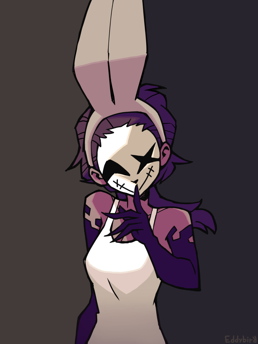 2022 3:4 :&gt; absurd_res animal_humanoid arm_markings artist_name biped black_markings black_nose breasts brown_hair clothing colored digital_drawing_(artwork) digital_media_(artwork) eddybird english_text fake_ears fake_rabbit_ears female front_view gloves_(marking) grey_background hair half-length_portrait hi_res humanoid lagomorph lagomorph_humanoid leporid leporid_humanoid light_body light_skin looking_at_viewer mammal mammal_humanoid markings mouth_closed ponytail portrait pseudo_mask rabbit rabbit_humanoid scp-1903 scp_foundation sewn_mouth shirt shush signature simple_background smile solo stitch_(sewing) tank_top text topwear white_clothing white_face white_shirt white_tank_top white_topwear x_eye