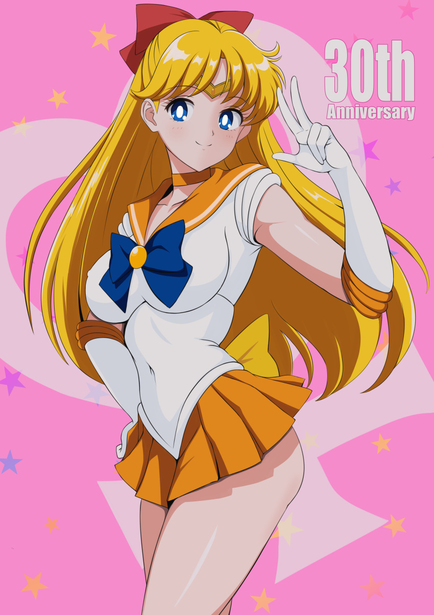 1girl absurdres aino_minako back_bow baji_toufuu_(bajitohfu) bishoujo_senshi_sailor_moon blonde_hair blue_bow blue_eyes bow breasts brooch choker circlet commentary_request covered_navel cowboy_shot elbow_gloves gloves hair_bow half_updo highres jewelry leotard long_hair looking_at_viewer medium_breasts miniskirt orange_choker orange_gemstone orange_sailor_collar orange_skirt pink_background pleated_skirt red_bow sailor_collar sailor_senshi_uniform sailor_venus skirt smile solo tiara v venus_symbol w white_gloves white_leotard yellow_bow