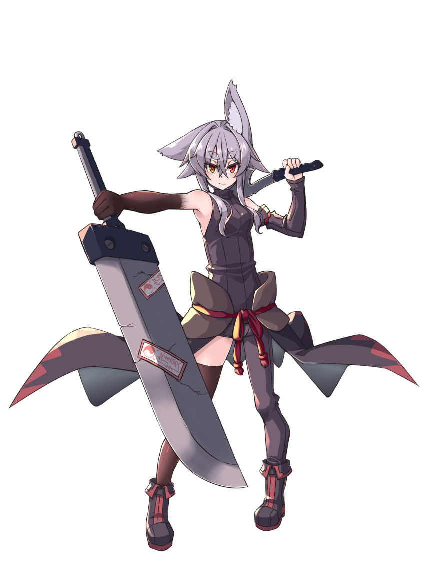 1girl animal_ear_fluff animal_ears asymmetrical_legwear bare_arms bare_shoulders black_footwear boots breasts brown_thighhighs closed_mouth grey_hair grey_pantyhose hair_between_eyes highres holding holding_sword holding_weapon huge_weapon kuro-ekaki long_hair looking_at_viewer medium_breasts original outstretched_arm pantyhose red_eyes short_eyebrows simple_background single_leg_pantyhose solo sword thick_eyebrows thighhighs unaligned_ears weapon weapon_request white_background