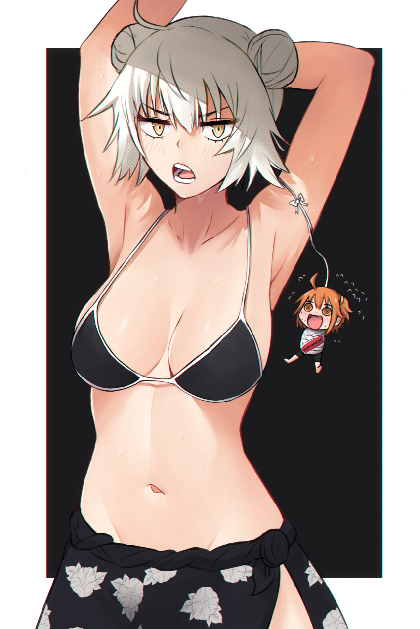 2girls absurdres ahoge angry armpits bdsm bondage bound breasts fate/grand_order fate_(series) fujimaru_ritsuka_(female) hair_bun highres jeanne_d'arc_alter_(avenger)_(fate) jeanne_d'arc_alter_(fate) kuronami616 looking_at_viewer medium_breasts multiple_girls navel open_mouth simple_background sweat swimsuit