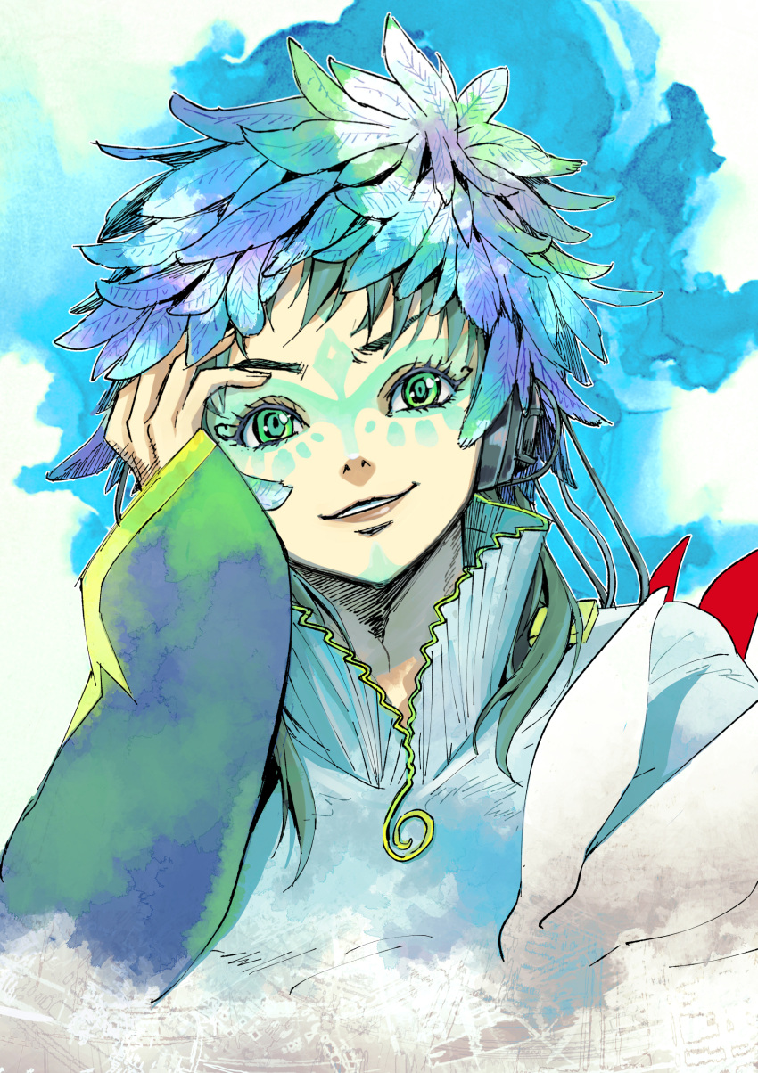 1other absurdres aqua_hair blue_eyes blue_feathers brown_lips eyelashes facepaint feathers gnosia green_eyes green_feathers hand_on_own_head hand_up headphones high_collar highres lips long_hair multicolored_eyes muramasa_mikado other_focus outline purple_feathers raqio smile solo upper_body white_outline