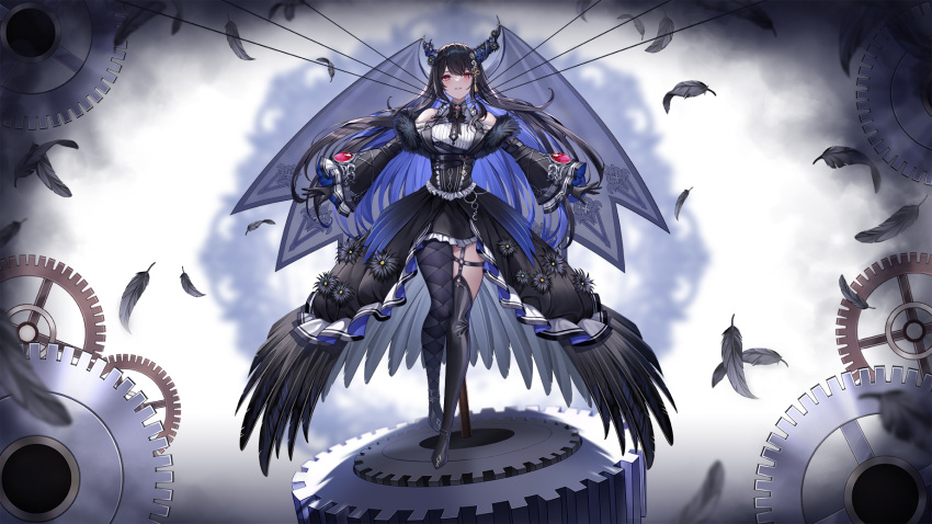 1girl asymmetrical_horns bare_shoulders black_hair blue_hair breasts colored_inner_hair demon_horns dress fur_trim hair_ornament highres hololive hololive_english horns large_breasts long_hair looking_at_viewer lunacle mole mole_under_eye multicolored_hair nerissa_ravencroft official_alternate_costume official_art red_eyes single_thighhigh smile solo thighhighs thighs two-tone_hair uneven_horns virtual_youtuber